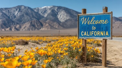 Obraz premium California Welcome Sign Amidst Wildflowers and Majestic Mountains, Showcasing Natural Beauty and Travel Destination Appeal