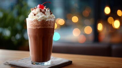 Decadent chocolate shake topped with whipped cream and a cherry served in a cozy cafe setting

