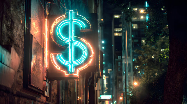 A neon dollar sign glowing brightly on a building at night in an urban environment setting scene