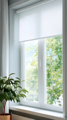 Fototapeta premium Details of white fabric roller blinds on the white plastic window in the living room. Close up on roll curtains indoor.