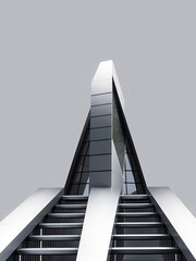 A low angle shot of a modern building with stairs and a gray sky in the background view point