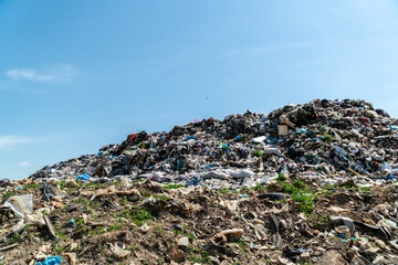 A massive pile of trash dominates the landscape, surrounded by scattered debris and greenery under...