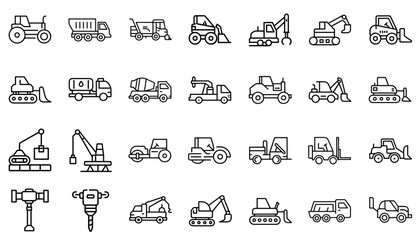 Set of minimalist construction equipment icons on a white background