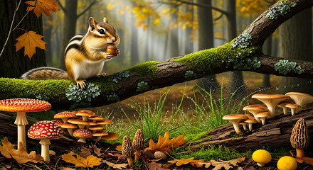 Adorable chipmunk forages amongst autumn forest floor mushrooms