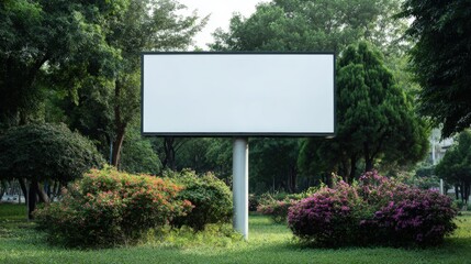 Fototapeta premium Blank Billboard Surrounded by Greenery, Ideal for Outdoor Advertising Mockup and Promotional Content Display