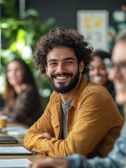 Obraz premium Happy young office colleagues collaborating and smiling in a casual meeting, setting business goals and building team dynamics. This image captures the positive energy, Generative AI