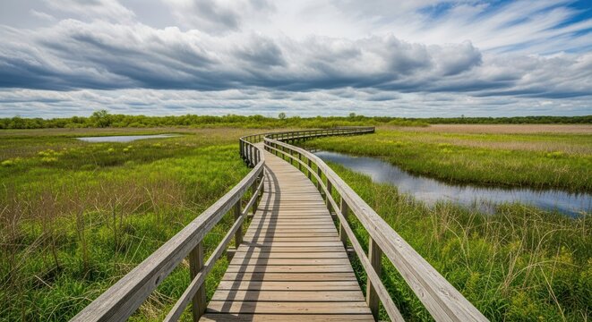 Scenic wooden boardwalk winding through vibrant wetlands under a cloudy sky - Powered by Adobe