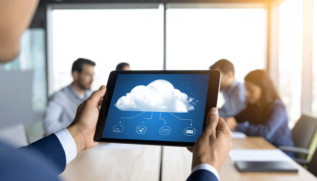 Cloud Innovation in a Business Setting: A focused close-up captures the hands of a businessperson, presenting a tablet showcasing an intricate cloud computing design.