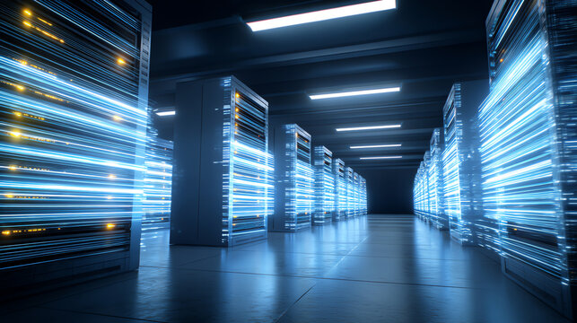 Futuristic data center aisle with server racks emitting blue light streaks, symbolizing fast data transfer and advanced technology in a high-tech environment - Powered by Adobe