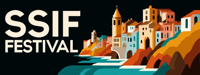 Fototapeta premium Minimalist coastal skyline with film reel and SSIF letters, vector art for San Sebastián Film Festival