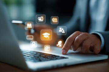 Person using laptop with digital education icons overlay