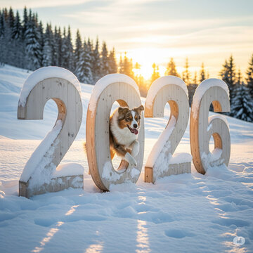Dog is standing in front of a wooden sign that says "2026"