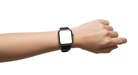 Fototapeta premium Sleek Smartwatch Mockup on Wrist with Blank Screen for Custom Design, Isolated on White.