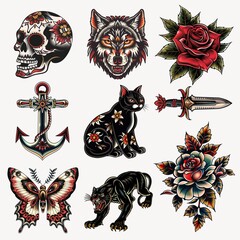 old school tattoo element set