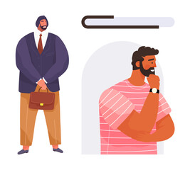Thoughtful man in casual wear, businessman with a briefcase, progress bar symbol. Ideal for decision-making, personal growth, leadership, career planning, progress, self-reflection and strategy