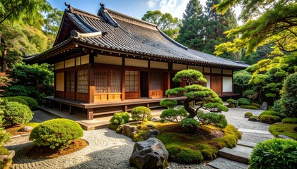 Traditional Japanese house with wooden walls, distinctive tile roof, and bonsai garden