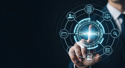 Compliance concept with digital icons, legal documents, user identity verification, folders, scales of justice, search functions, and policy checklists.