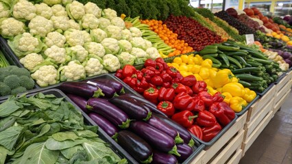 A vibrant display of fresh vegetables, including peppers, cauliflower, and greens, showcasing a colorful assortment in a market setting.