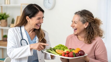 A smiling doctor shares a colorful plate of fresh fruits and vegetables with a happy patient, promoting healthy eating and wellness.