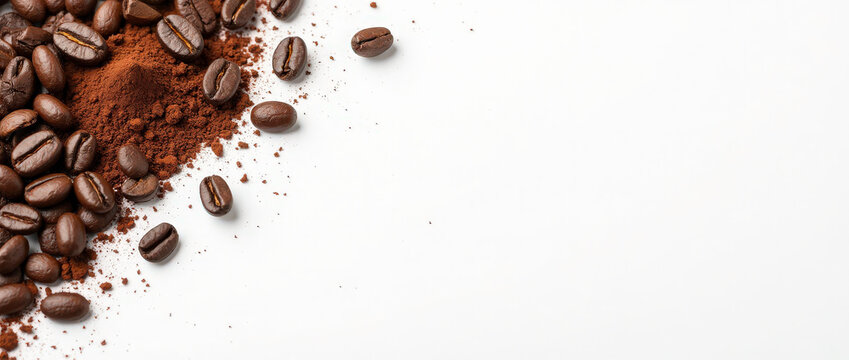 coffee beans with cafe powder border corner isolated on white