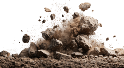 Powerful ground explosion blasting rock, stone, dust, and debris