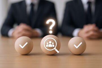 Selection Process Concept: Wooden Spheres with Checkmarks, Search Icon, and Question Mark Symbolizing Hiring