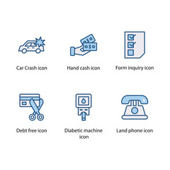 Car Crash, Hand cash, Form inquiry, Debt free, Diabetic machine, Land phone, icon