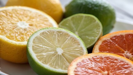 A vibrant display of citrus fruits, including lemons, limes, and oranges, showcasing their colorful, juicy interiors.