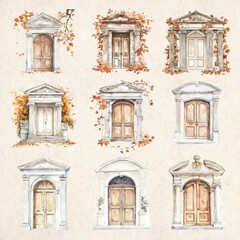 Fototapeta premium Watercolor Greek classic white Autumn door design element set