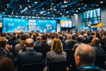 Audience seated at a large conference or seminar, focused on a speaker or presentation in a well-lit, modern venue with bright screens and professional atmosphere