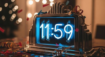 Vintage Neon Clock Displaying the Countdown to Midnight for New Year Celebration