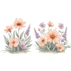 Delicate watercolor flowers in soft pink and purple hues create serene and elegant floral arrangement