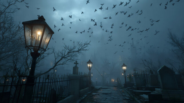 Spooky cemetery at night with old street lamps and flying birds flock in dark misty weather. Mystic graveyard scene with gothic lanterns for Halloween decoration and horror concept