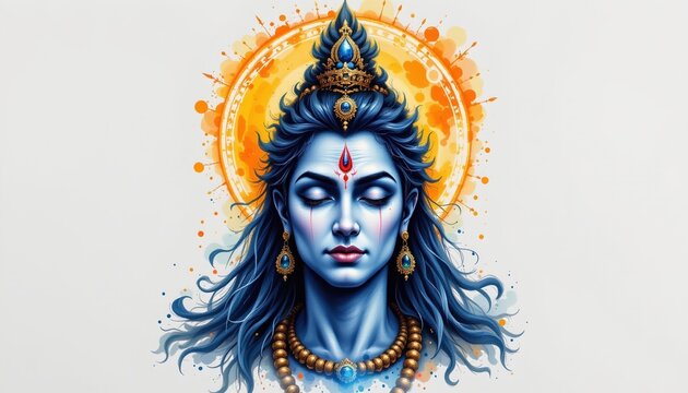 watercolor painting of crescent moon on shiva's head from overhead divine view with enlightened peace, indian sacred literary theme, white background, no text, no logo, no font