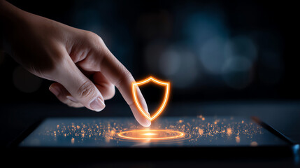 A hand interacts with a digital tablet displaying a glowing shield icon, symbolizing cybersecurity and digital protection in a futuristic, dark environment