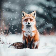 Red fox sits in snowy winter forest looking directly at camera
