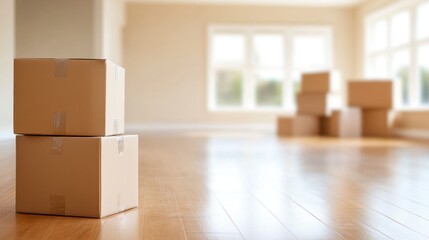 Moving boxes stacked in an empty room ready for relocation