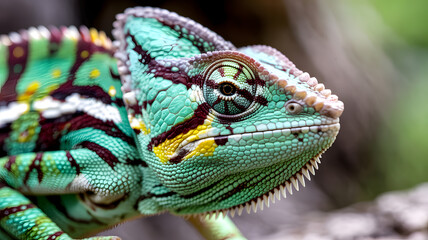 Fototapeta premium Close up of a vibrant green veiled chameleon with intricate patterns