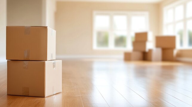 Moving boxes stacked in an empty room ready for relocation