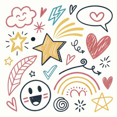 Minimilist hand drawn doodle elements including stars hearts cloud rainbow and other whimsical shapes and icons vector