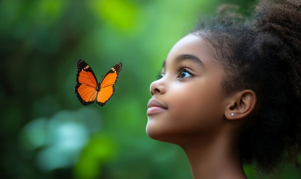 Happy African American disabled child in a wheelchair, looking at the sky with a single butterfly. The image represents inclusivity, diversity, and a hopeful future, Generative AI
