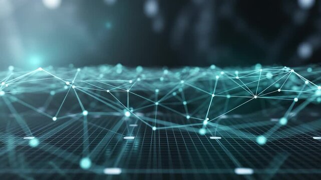 Abstract Digital Network Connection with Glowing Lines and Dots Forming a Futuristic Data Grid Structure in Dark Technology Background

