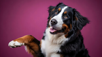 Fototapeta premium Charming Bernese Mountain Dog with Captivating Eyes and a Playful Paw Posing against a Bold Pink Backdrop for a Portrait