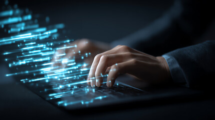 Hands typing on a laptop keyboard with digital light streaks symbolizing fast data transfer and advanced technology in a dark, futuristic setting