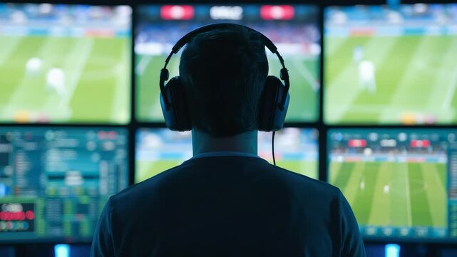 Man Headphones Watching Soccer Screens Control Room Sports Broadcast Monitoring Multiple Displays