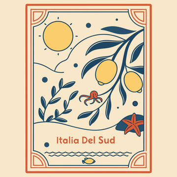 Minimilist illustration of italia del sud with sun olives octopus starfish and fish in a decorative frame vector