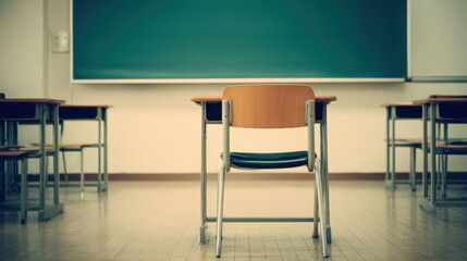 Empty Classroom Featuring Wooden Desks and a Blackboard, Ideal for Education and Learning Concepts