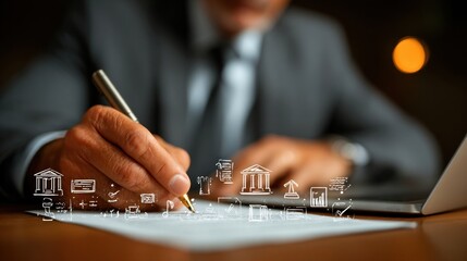 Business professional reviewing legal documents on laptop with digital icons for contract management and compliance