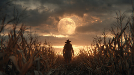Man silhouette in corn field under full moon at sunset. Mysterious farm landscape with dark cloudy sky. Rural scene with dramatic evening light. Horror concept