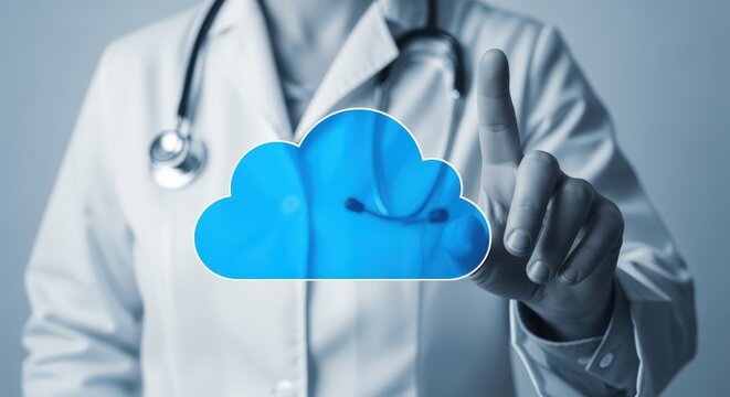 Doctor Touching Cloud Computing Icon: Modern Healthcare Technology and Data Management Concept
